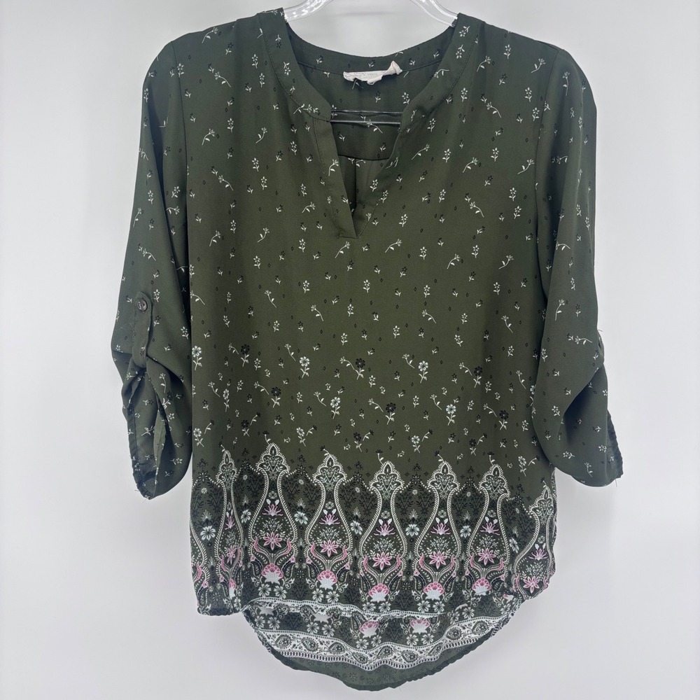 Pink Republic Olive Green Floral Print Roll-Tab Sleeve Blouse Top Women's